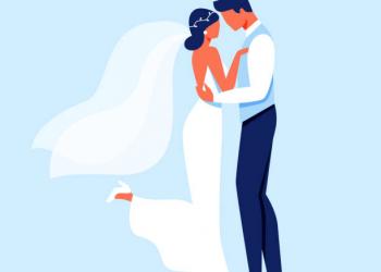 Bride and Groom Characters Hugging, Young Lady in White Wedding Dress Standing Together with Man in Festive Classic Suit Isolated on Blue Background, Wedding Ceremony Cartoon Flat Vector Illustration.
