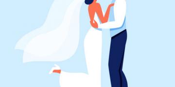 Bride and Groom Characters Hugging, Young Lady in White Wedding Dress Standing Together with Man in Festive Classic Suit Isolated on Blue Background, Wedding Ceremony Cartoon Flat Vector Illustration.