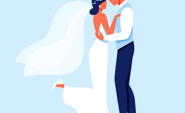 Bride and Groom Characters Hugging, Young Lady in White Wedding Dress Standing Together with Man in Festive Classic Suit Isolated on Blue Background, Wedding Ceremony Cartoon Flat Vector Illustration.