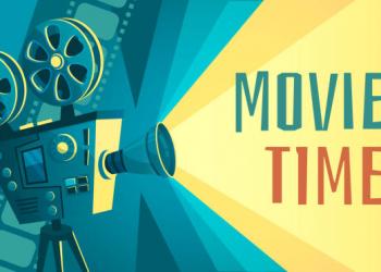 Movie time poster. Vintage cinema film projector, home movie theater and retro camera. Cinematography entertainment equipment, movies production festival banner vector illustration