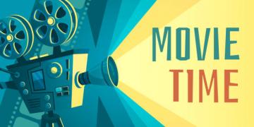 Movie time poster. Vintage cinema film projector, home movie theater and retro camera. Cinematography entertainment equipment, movies production festival banner vector illustration