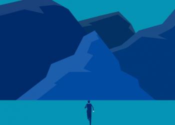 Businessman running into the peak. Flat cartoon style design.