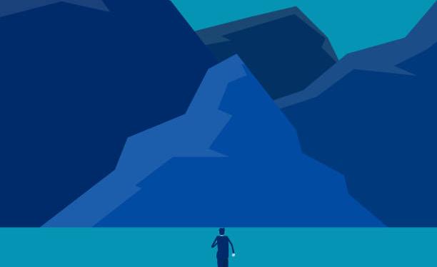 Businessman running into the peak. Flat cartoon style design.