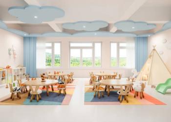 Interior of a modern empty preschool classroom.