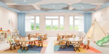Interior of a modern empty preschool classroom.