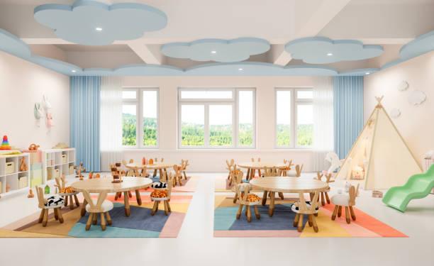 Interior of a modern empty preschool classroom.