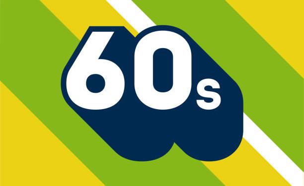 60s logo design. 1960s sign with long shadow. Number sixty. Vector element.