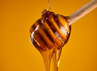 Closeup of honey dripping off a wooden dipper, isolated on yellow background