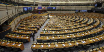 epa10442897 General view of hemicycle during a plenary session of the European Parliament in Brussels, Belgium, 01 February 2023. The session's main focus is on the preparation for the special European summit of 9 and 10 February, in particular the need to develop sustainable solutions in the area of asylum and migration.  EPA/OLIVIER HOSLET