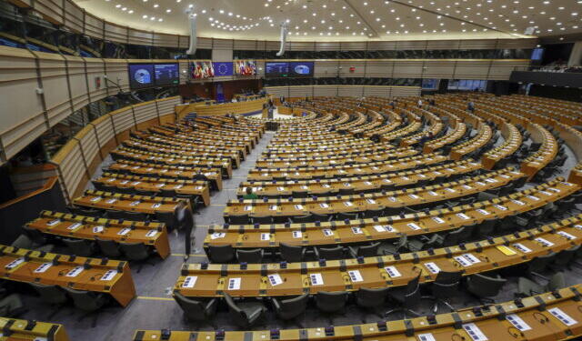 epa10442897 General view of hemicycle during a plenary session of the European Parliament in Brussels, Belgium, 01 February 2023. The session's main focus is on the preparation for the special European summit of 9 and 10 February, in particular the need to develop sustainable solutions in the area of asylum and migration.  EPA/OLIVIER HOSLET