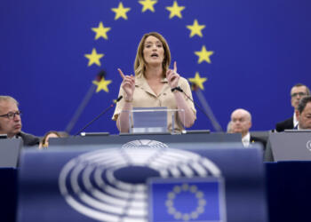 European Parliament President Roberta Metsola speaks during the opening plenary of the newly-elected European Parliament in Strasbourg, eastern France, Tuesday, July 16, 2024. (AP Photo/Jean-Francois Badias)
