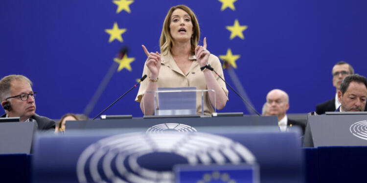 European Parliament President Roberta Metsola speaks during the opening plenary of the newly-elected European Parliament in Strasbourg, eastern France, Tuesday, July 16, 2024. (AP Photo/Jean-Francois Badias)