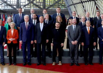 epa11663936 President of Ukraine Volodymyr Zelenskyy (front row C) and European leaders pose for a family photo before the European Council summit in Brussels, Belgium, 17 October 2024. EU leaders are meeting in Brussels to discuss Ukraine, the Middle East, competitiveness, migration and foreign affairs.  EPA/CHRISTOPHER NEUNDORF